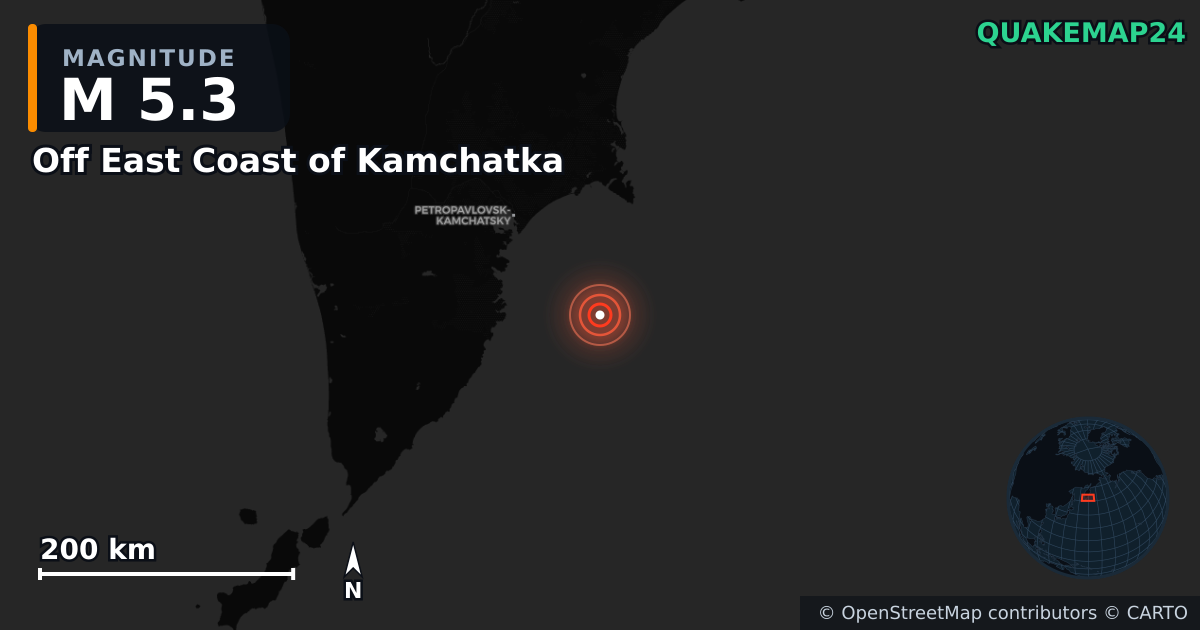 M5.3 earthquake near Off East Coast of Kamchatka on Sep 12, 2025 — map of epicenter and shaking intensity | QuakeMap24