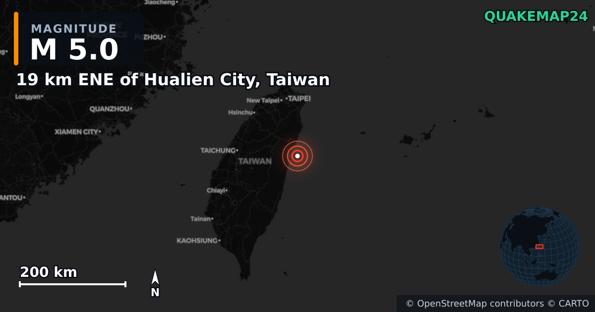 M5.0 earthquake near 19 km ENE of Hualien City, Taiwan on Dec 18, 2025 — map of epicenter and shaking intensity | QuakeMap24