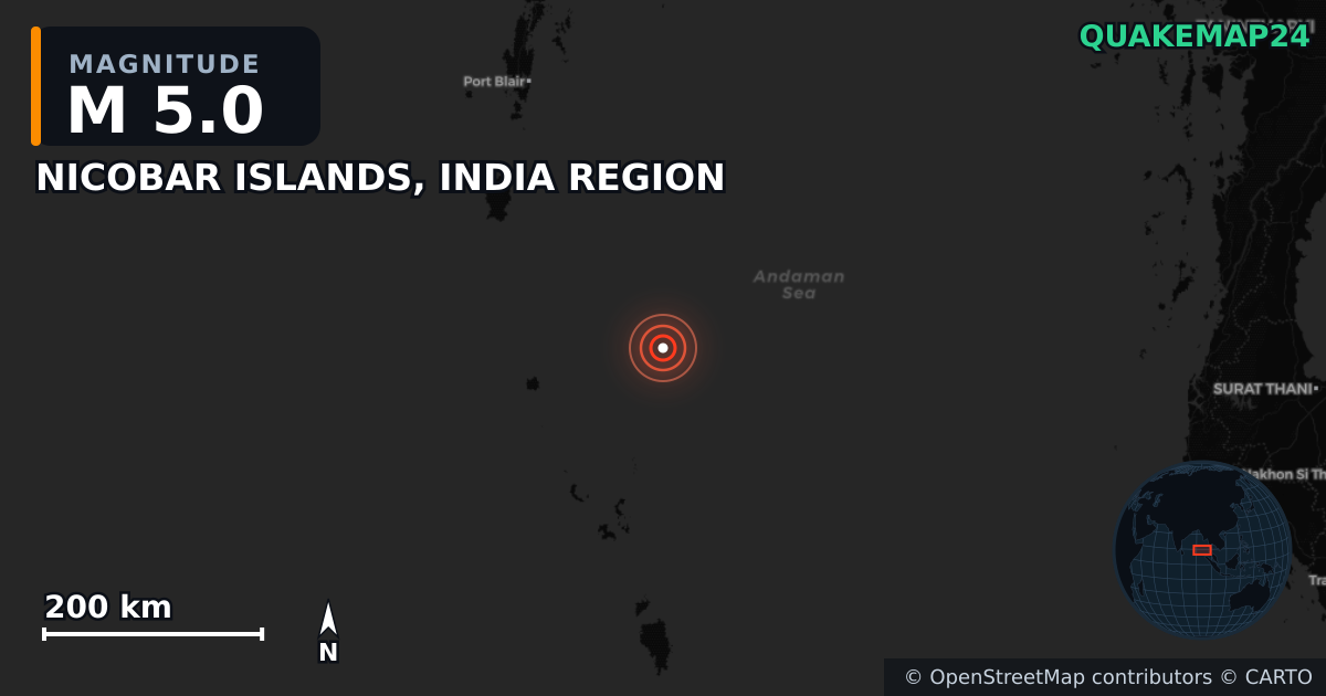 NICOBAR ISLANDS, INDIA REGION yakınında M5,0 deprem · 2025-06-27 — Deprem merkez üssünün konumunu gösteren harita
