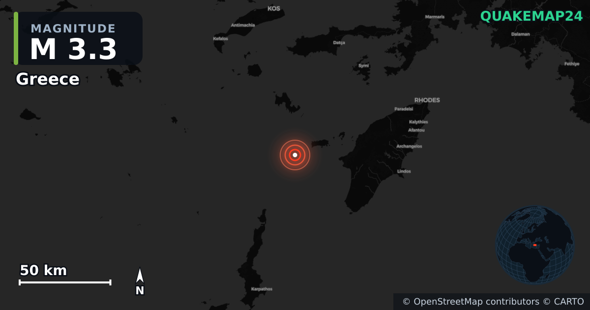 M3.3 earthquake near Greece on Jul 15, 2026 — map of epicenter and shaking intensity | QuakeMap24