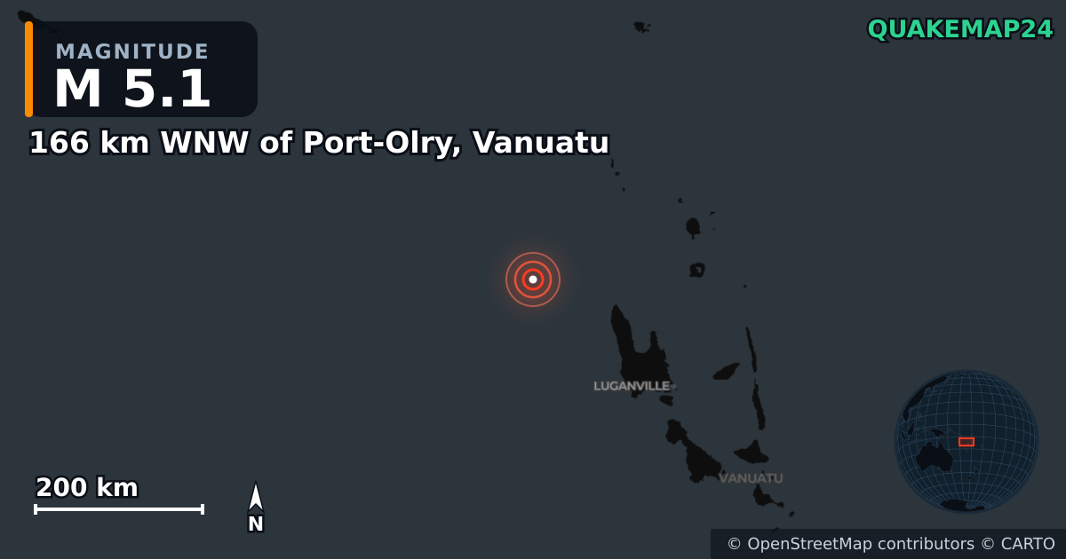 Σεισμός M5,1 κοντά στο 166 km WNW of Port-Olry, Vanuatu · 2026-10-25 — Χάρτης της θέσης του επικέντρου
