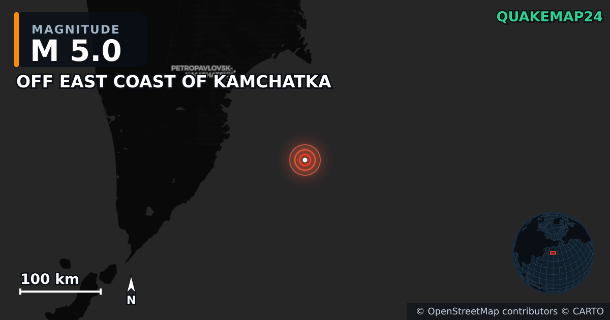 M5.0 earthquake near OFF EAST COAST OF KAMCHATKA on Aug 4, 2025 — map of epicenter and shaking intensity | QuakeMap24