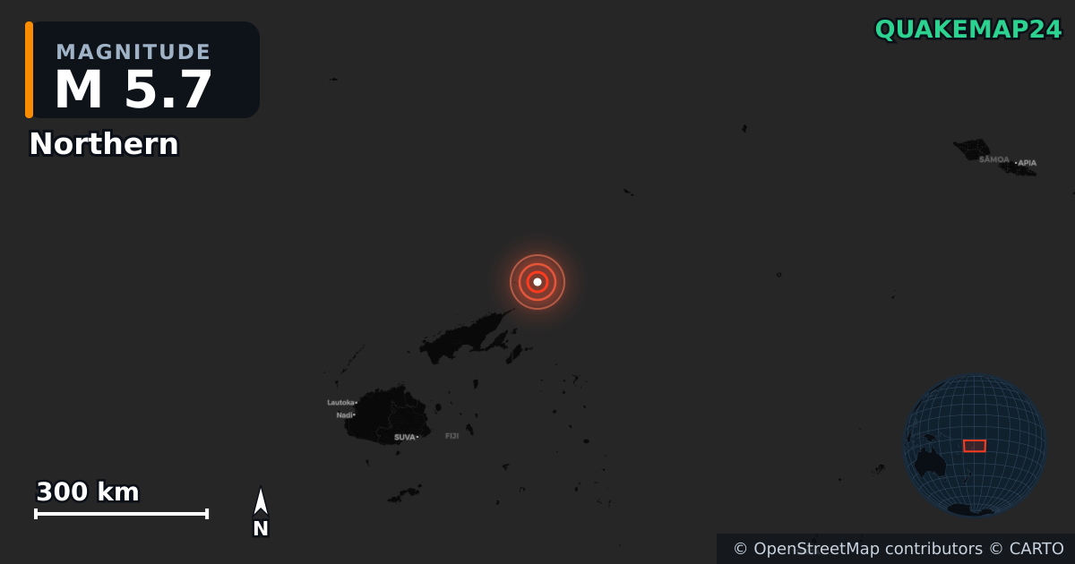 M5.7 earthquake near Northern on Dec 19, 2025 — map of epicenter and shaking intensity | QuakeMap24