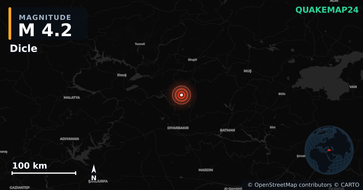 M4.2 earthquake near Dicle on Jun 14, 2025 — map of epicenter and shaking intensity | QuakeMap24