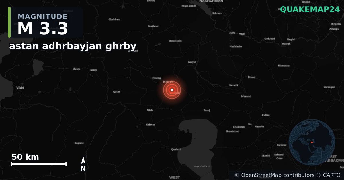 M3.3 earthquake near astan adhrbayjan ghrby on Dec 29, 2025 — map of epicenter and shaking intensity | QuakeMap24