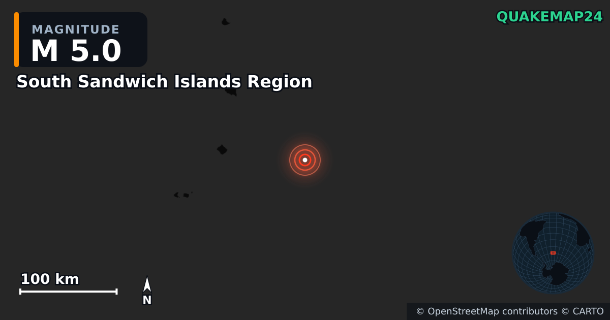 M5.0 earthquake near South Sandwich Islands Region on May 2, 2025 — map of epicenter and shaking intensity | QuakeMap24