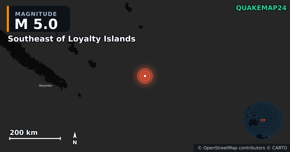 M5.0 earthquake near Southeast of Loyalty Islands on Jan 20, 2026 — map of epicenter and shaking intensity | QuakeMap24