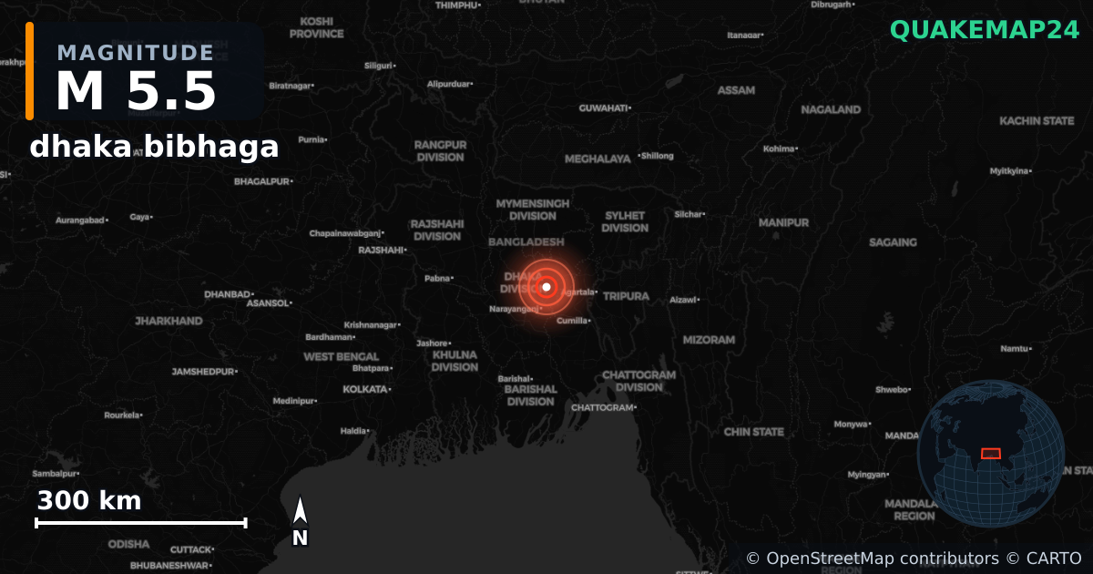 M5.5 earthquake near dhaka bibhaga on Nov 21, 2025 — map of epicenter and shaking intensity | QuakeMap24