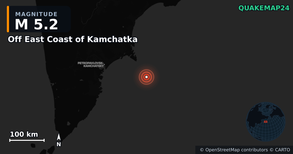 M5.2 earthquake near Off East Coast of Kamchatka on Sep 2, 2025 — map of epicenter and shaking intensity | QuakeMap24