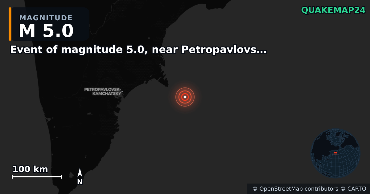 Erdbeben M5,0 bei Event of magnitude 5.0, near Petropavlovsk Kamchatskiy (Monde) — Karte der Lage des Epizentrums