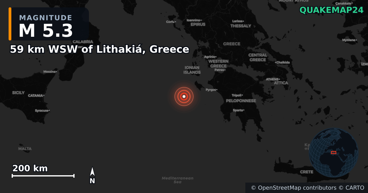 Erdbeben M5,3 bei 59 km WSW of Lithakiá, Greece · 2025-12-15 — Karte der Lage des Epizentrums