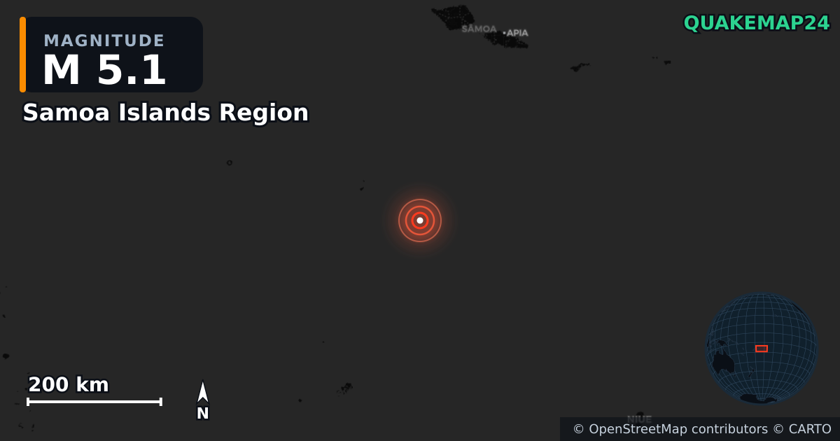 M5.1 earthquake near Samoa Islands Region on Mar 11, 2026 — map of epicenter and shaking intensity | QuakeMap24