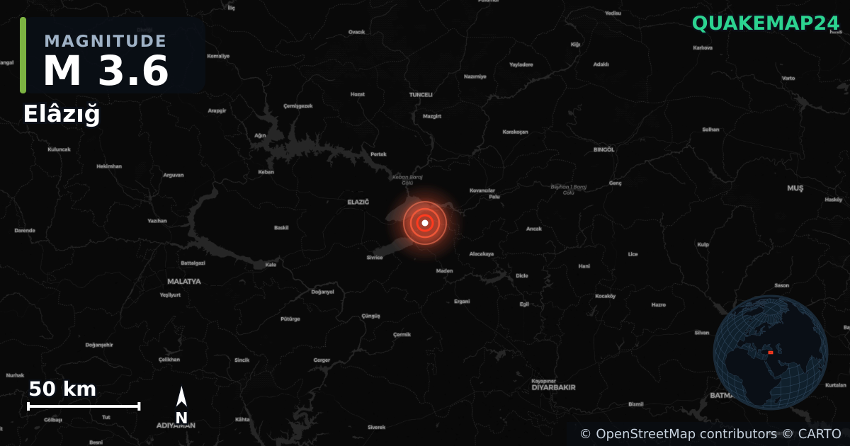 M3.6 earthquake near Elâzığ on Aug 12, 2026 — map of epicenter and shaking intensity | QuakeMap24