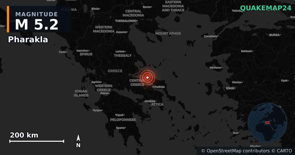 M5.2 earthquake near Pharakla on Jun 7, 2026 — map of epicenter and shaking intensity | QuakeMap24