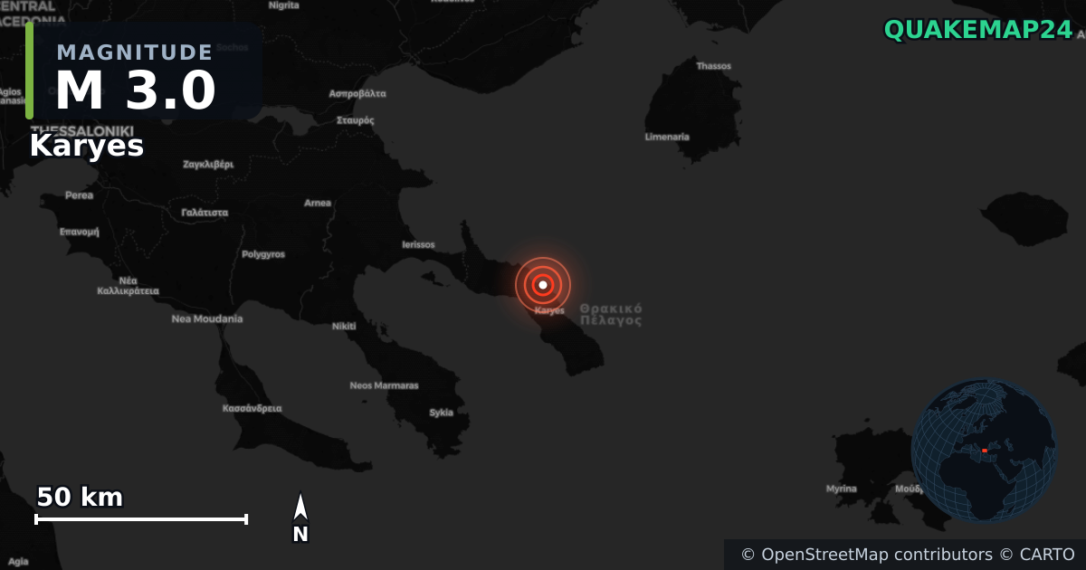 M3.0 earthquake near Karyes on Jul 4, 2026 — map of epicenter and shaking intensity | QuakeMap24