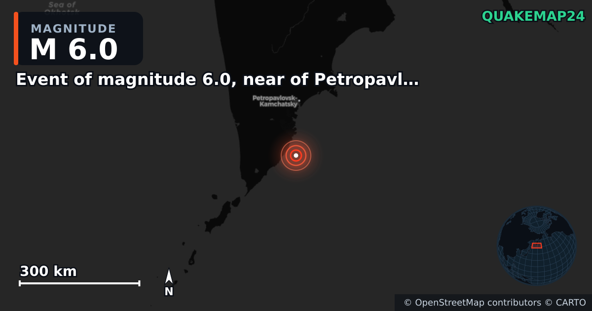 M6.0 earthquake near Event of magnitude 6.0, near of Petropavlovsk Kamchatskiy (Monde) on Jan 22, 2026 — map of epicenter and shaking intensity | QuakeMap24