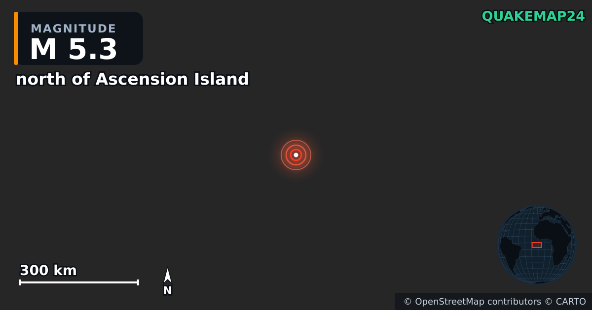 M5.3 earthquake near north of Ascension Island on Aug 2, 2026 — map of epicenter and shaking intensity | QuakeMap24