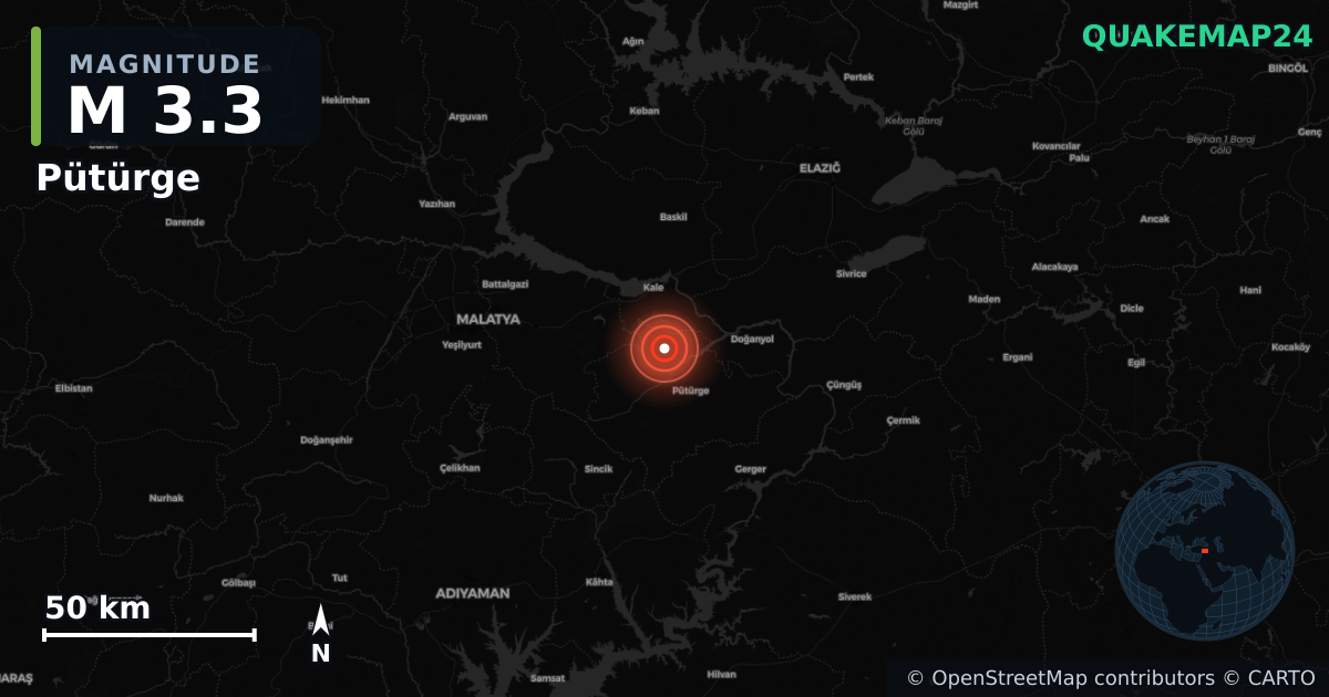 M3.3 earthquake near Pütürge on Nov 1, 2025 — map of epicenter and shaking intensity | QuakeMap24