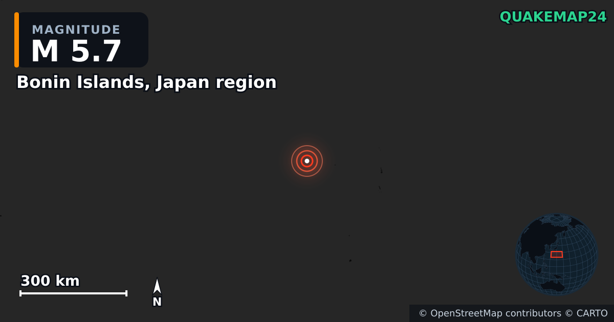 M5.7 earthquake near Bonin Islands, Japan region on May 13, 2025 — map of epicenter and shaking intensity | QuakeMap24