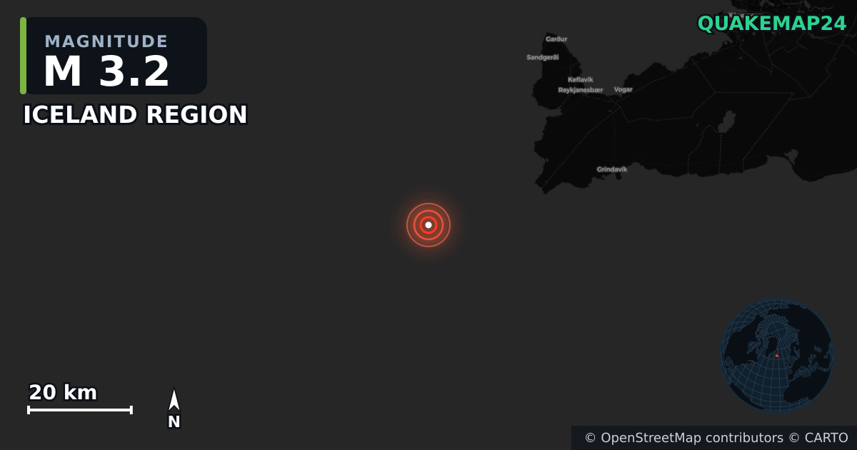 M3.2 earthquake near ICELAND REGION on May 24, 2025 — map of epicenter and shaking intensity | QuakeMap24