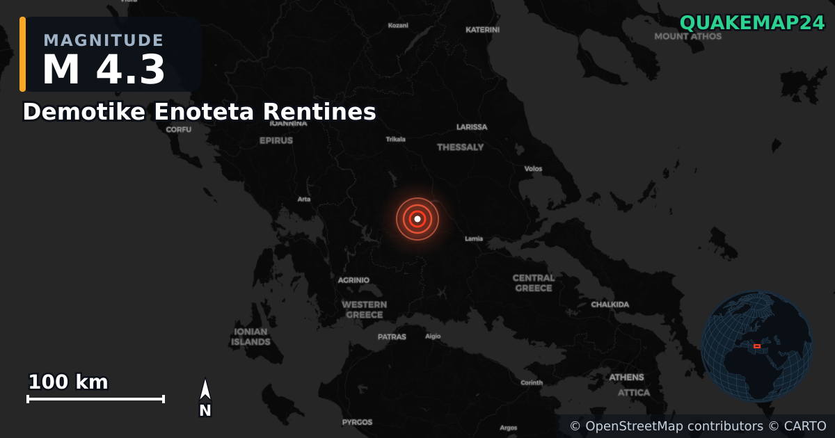 M4.3 earthquake near Demotike Enoteta Rentines on Aug 18, 2025 — map of epicenter and shaking intensity | QuakeMap24