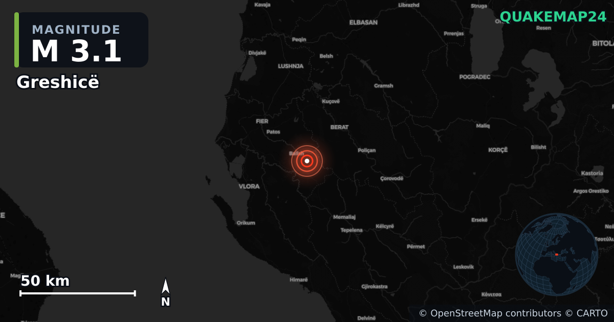 M3.1 earthquake near Greshicë on Aug 25, 2025 — map of epicenter and shaking intensity | QuakeMap24