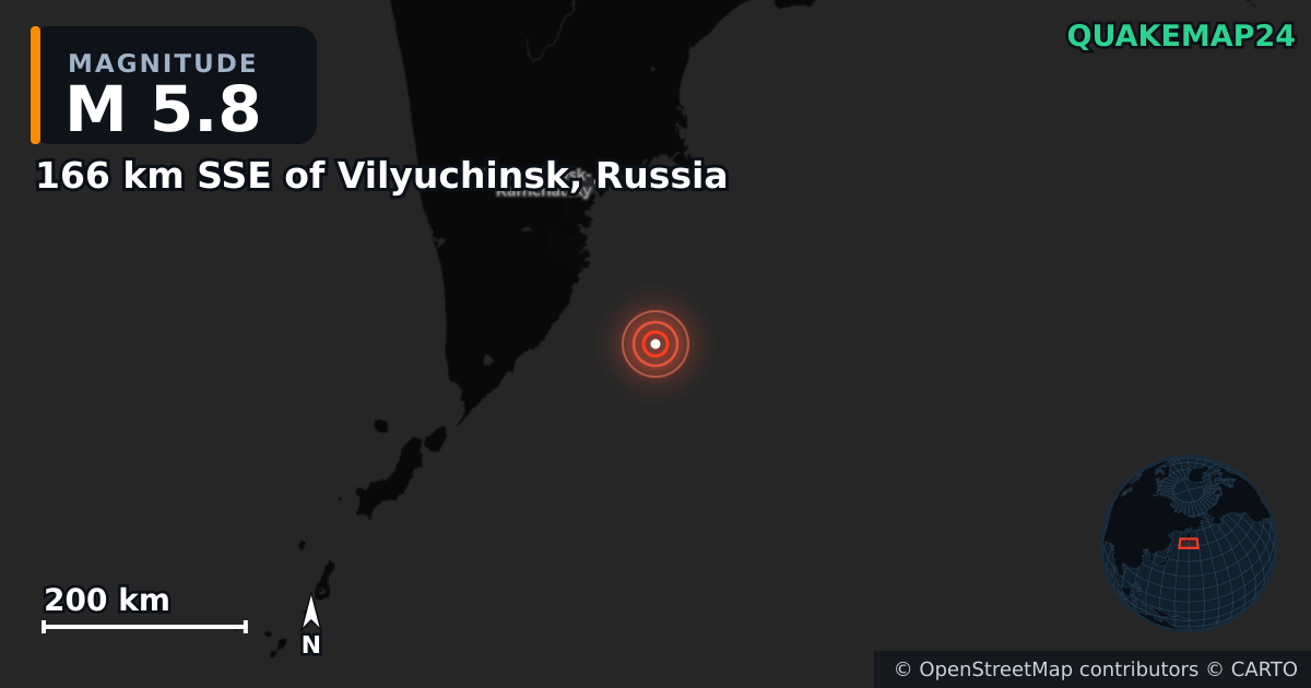 M5.8 earthquake near 166 km SSE of Vilyuchinsk, Russia on Aug 6, 2025 — map of epicenter and shaking intensity | QuakeMap24