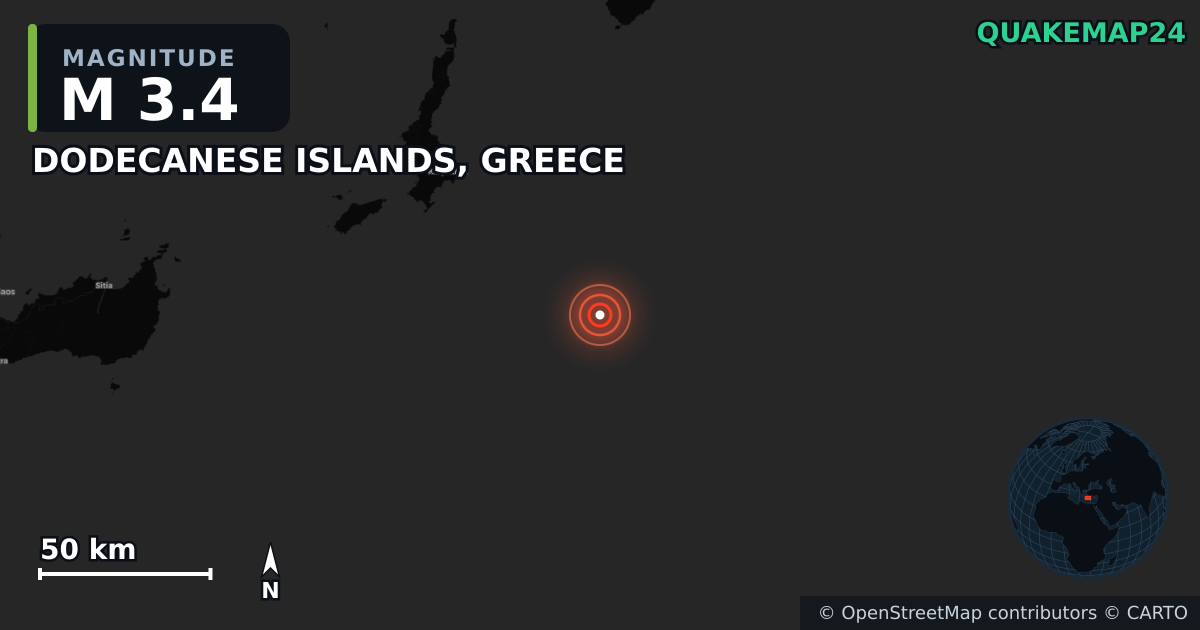 M3.4 earthquake near DODECANESE ISLANDS, GREECE on May 6, 2026 — map of epicenter and shaking intensity | QuakeMap24