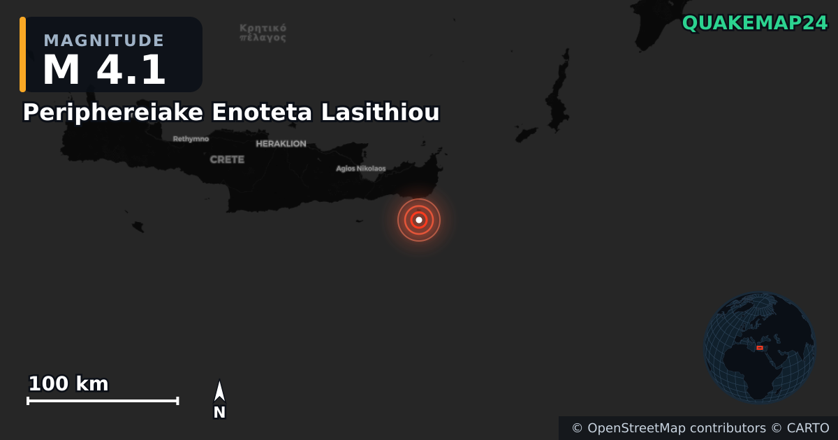 M4.1 earthquake near Periphereiake Enoteta Lasithiou on Apr 25, 2026 — map of epicenter and shaking intensity | QuakeMap24