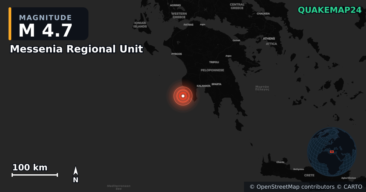 M4.7 Earthquake near Messenia Regional Unit, Peloponnese Region (Greece) · 2026-06-14 — Map showing the location of the epicenter