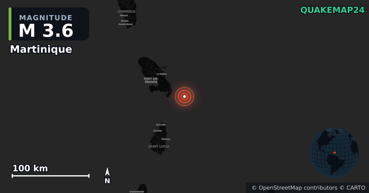 M3.6 earthquake near Martinique on Feb 13, 2026 — map of epicenter and shaking intensity | QuakeMap24