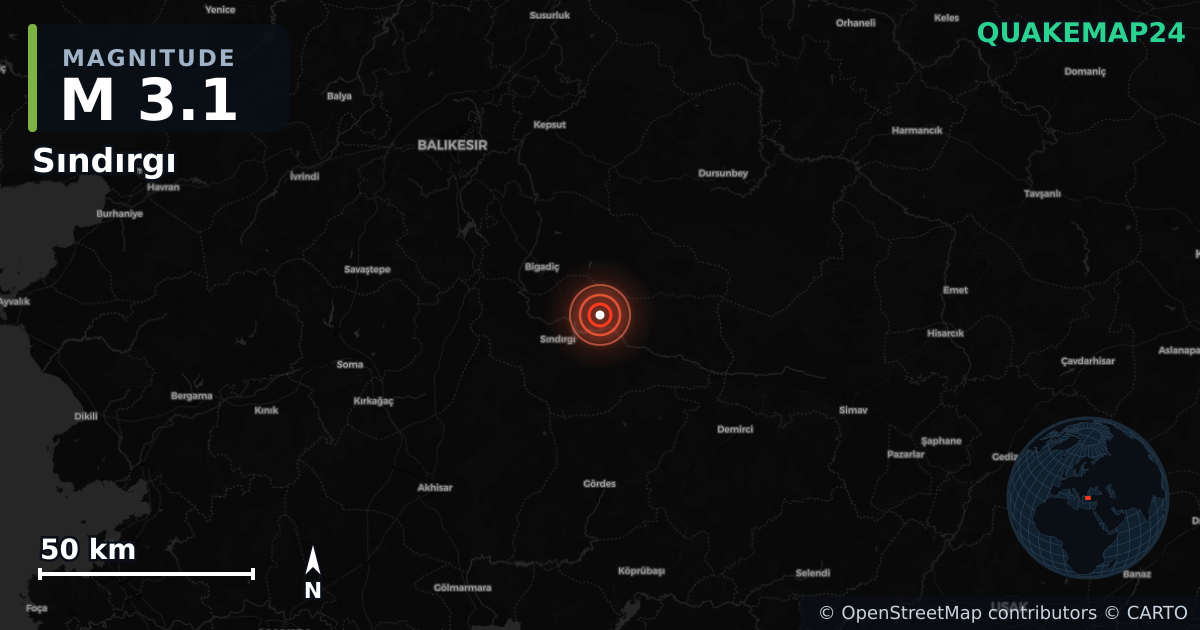 M3.1 earthquake near Sındırgı on Nov 10, 2025 — map of epicenter and shaking intensity | QuakeMap24