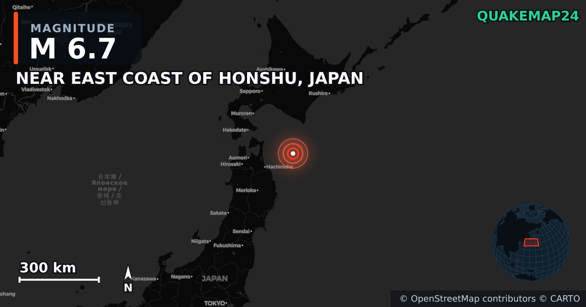 M6.7 earthquake near NEAR EAST COAST OF HONSHU, JAPAN on Dec 12, 2025 — map of epicenter and shaking intensity | QuakeMap24