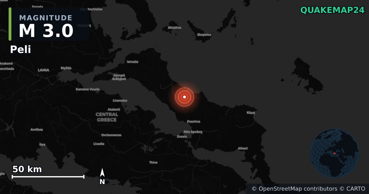 M3.0 earthquake near Peli on Jul 20, 2026 — map of epicenter and shaking intensity | QuakeMap24