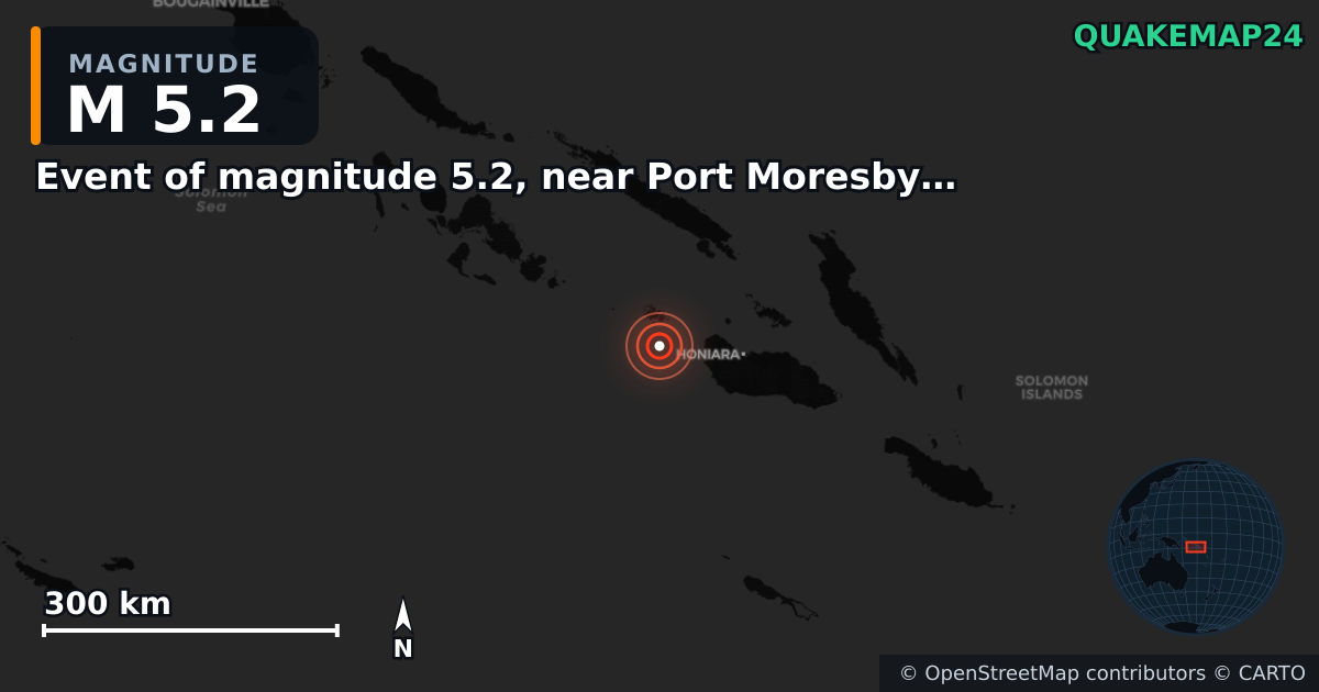 M5.2 earthquake near Event of magnitude 5.2, near Port Moresby (Monde) on May 11, 2026 — map of epicenter and shaking intensity | QuakeMap24