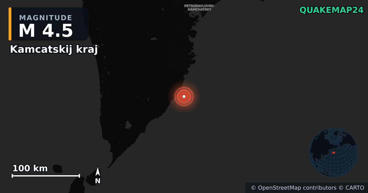 M4.5 earthquake near Kamcatskij kraj on Jul 30, 2025 — map of epicenter and shaking intensity | QuakeMap24