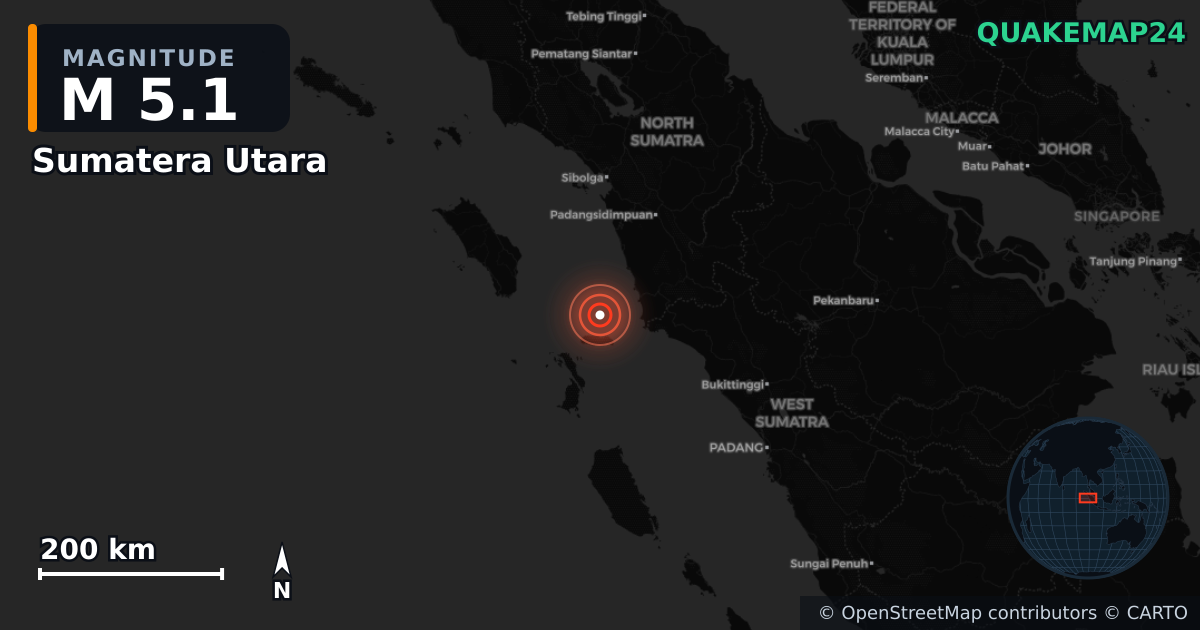 M5.1 earthquake near Sumatera Utara on Dec 2, 2025 — map of epicenter and shaking intensity | QuakeMap24