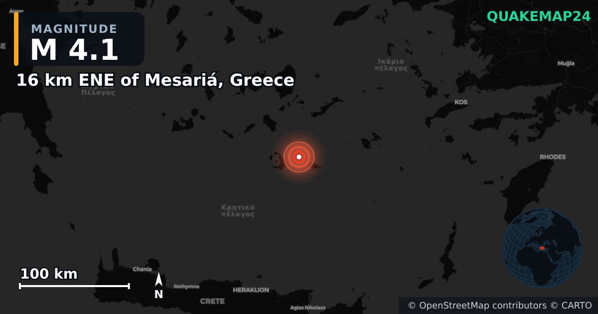 M4.1 earthquake near 16 km ENE of Mesariá, Greece on Feb 3, 2025 — map of epicenter and shaking intensity | QuakeMap24