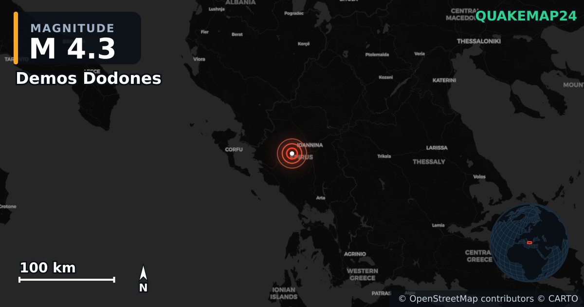 M4.3 earthquake near Demos Dodones on Mar 24, 2026 — map of epicenter and shaking intensity | QuakeMap24