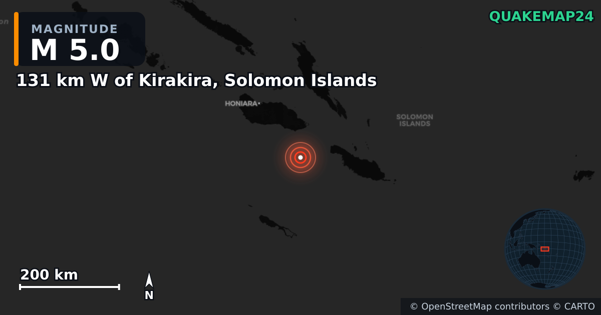 M5.0 earthquake near 131 km W of Kirakira, Solomon Islands on Dec 21, 2025 — map of epicenter and shaking intensity | QuakeMap24