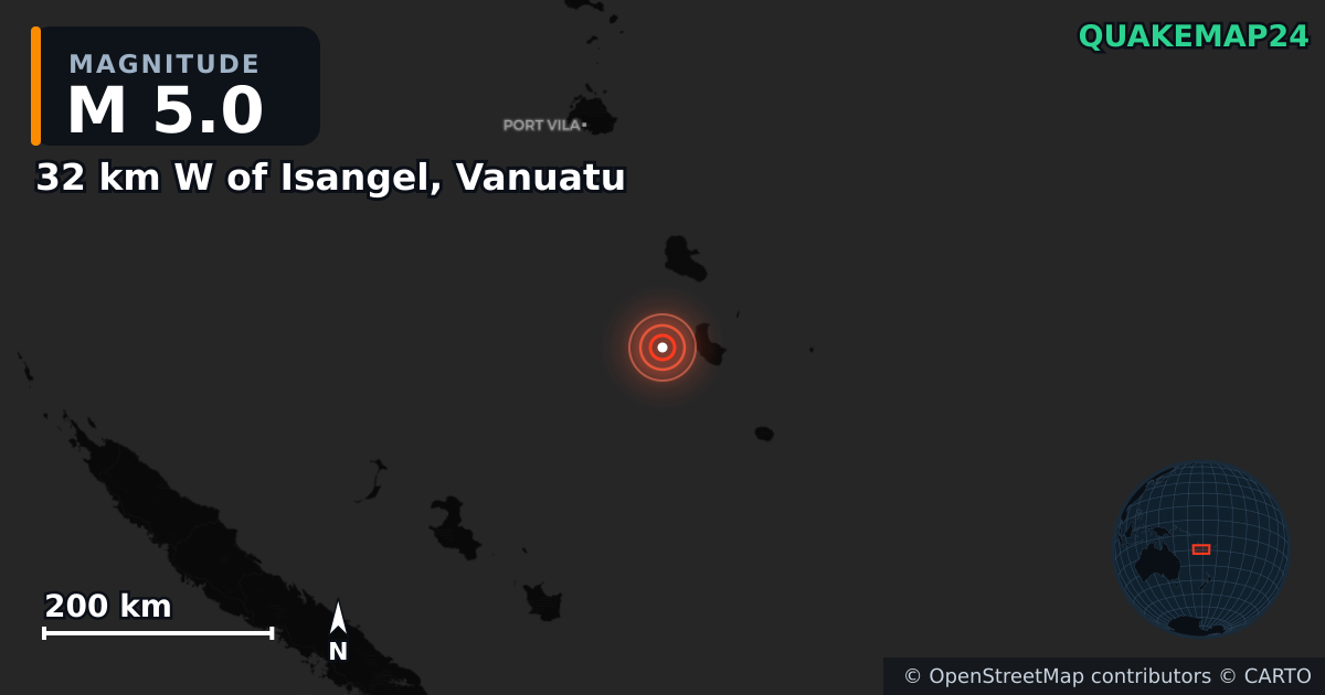 M5.0 earthquake near 32 km W of Isangel, Vanuatu on Sep 27, 2025 — map of epicenter and shaking intensity | QuakeMap24