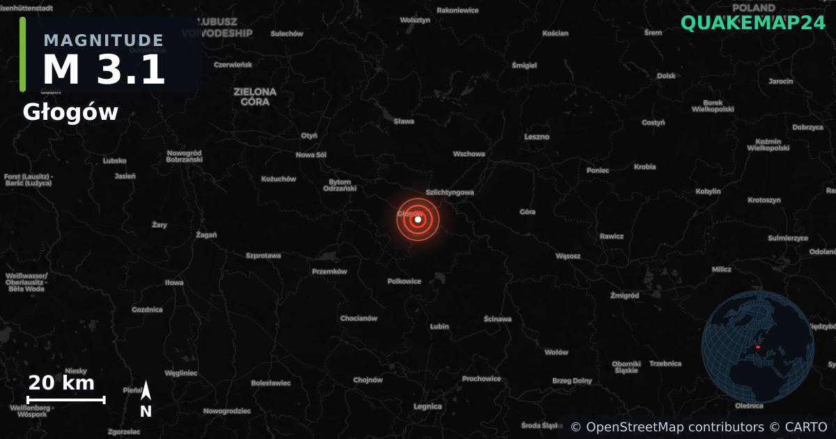 M3.1 earthquake near Głogów on Jul 23, 2026 — map of epicenter and shaking intensity | QuakeMap24