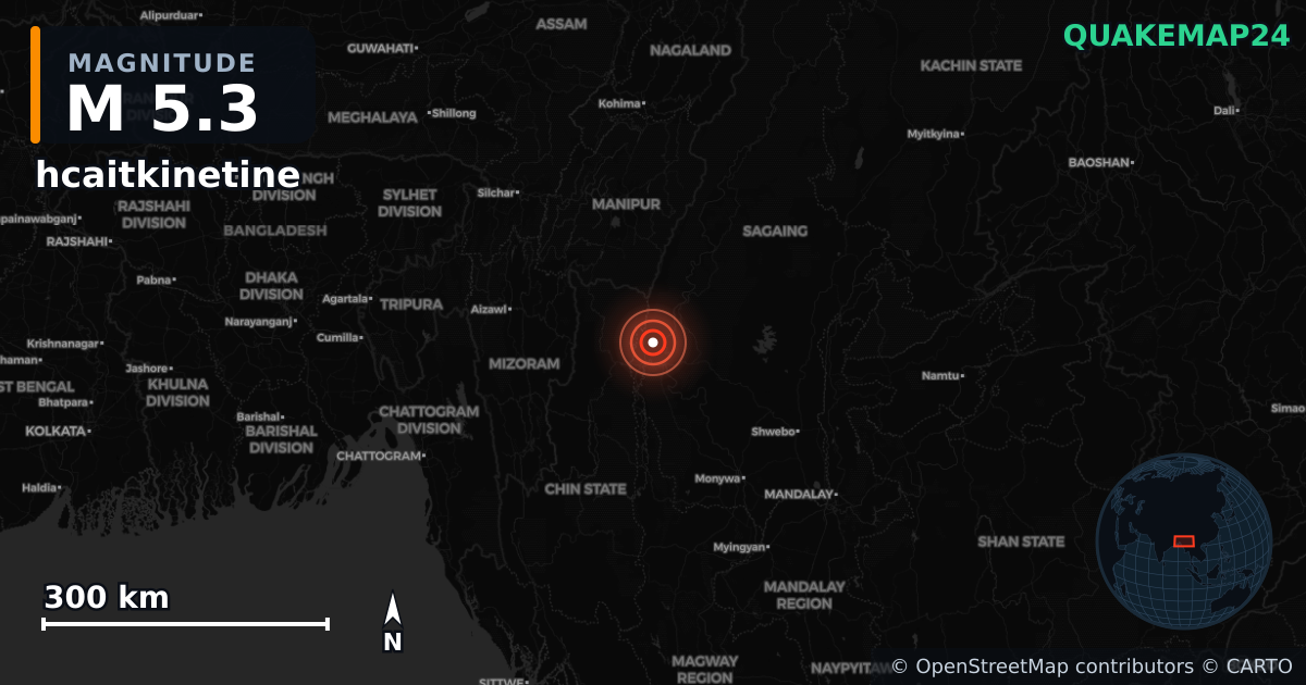 M5.3 earthquake near hcaitkinetine on Aug 22, 2025 — map of epicenter and shaking intensity | QuakeMap24