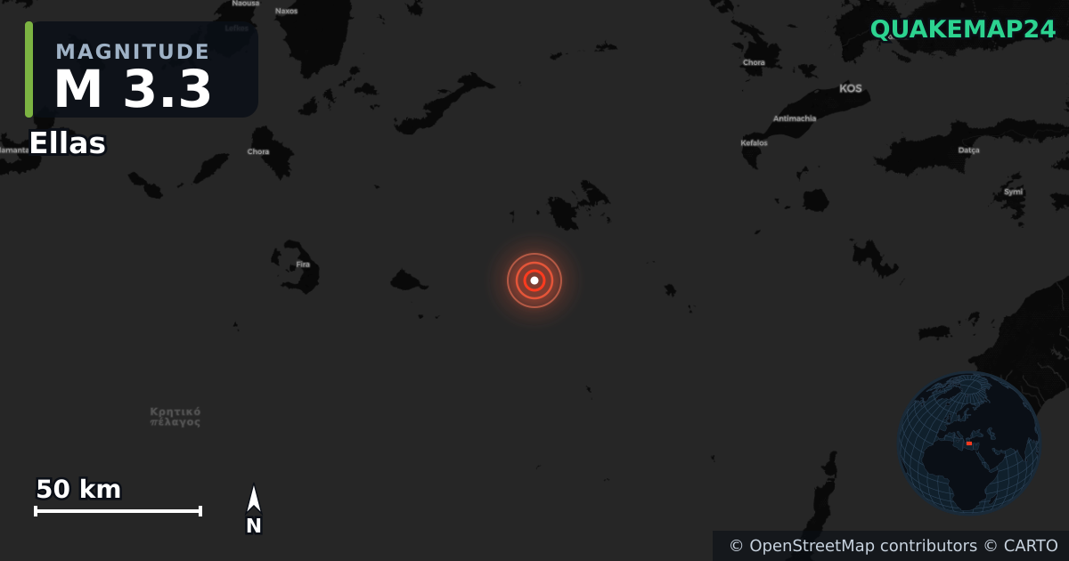 M3.3 earthquake near Ellas on Apr 24, 2026 — map of epicenter and shaking intensity | QuakeMap24