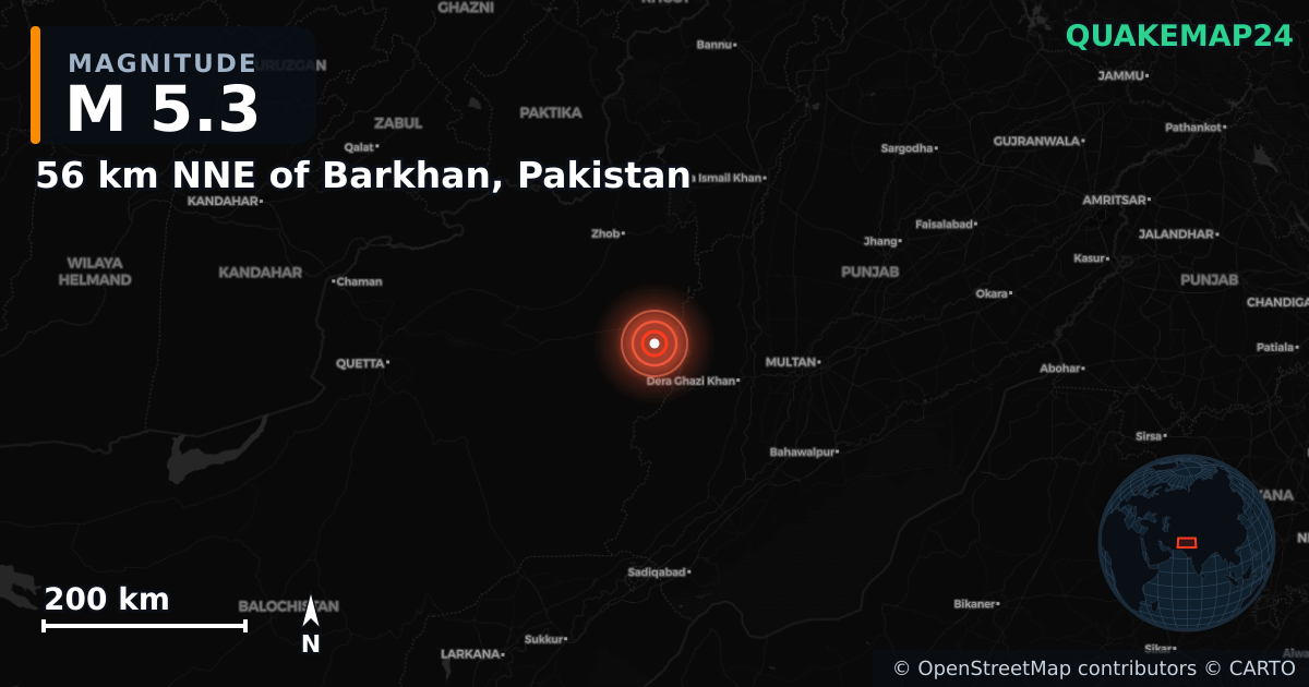 M5.3 earthquake near 56 km NNE of Barkhan, Pakistan on Jun 28, 2025 — map of epicenter and shaking intensity | QuakeMap24