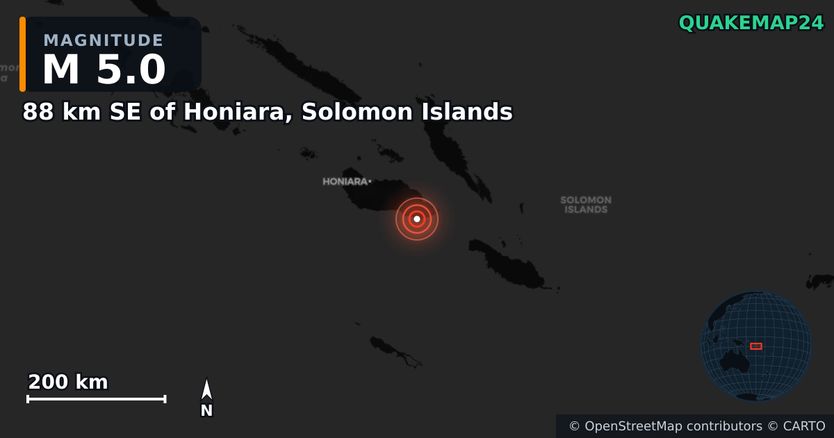 M5.0 earthquake near 88 km SE of Honiara, Solomon Islands on Mar 26, 2025 — map of epicenter and shaking intensity | QuakeMap24