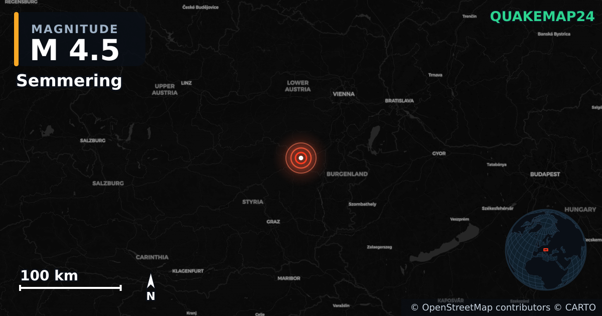 M4.5 earthquake near Semmering on Jul 23, 2026 — map of epicenter and shaking intensity | QuakeMap24