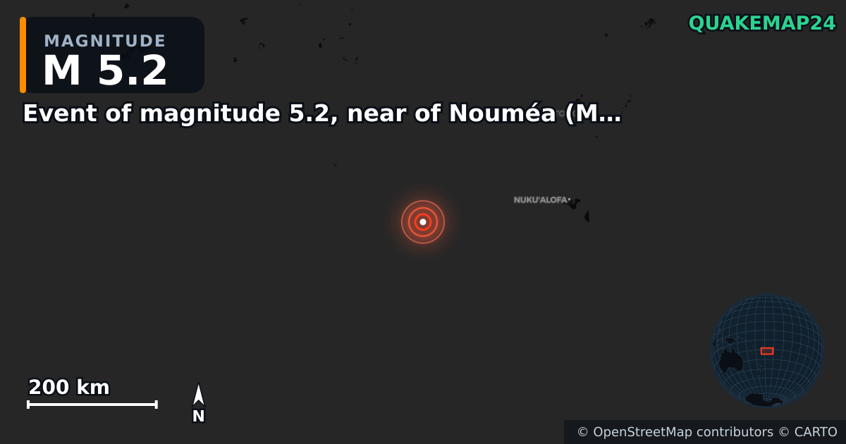 M5.2 earthquake near Event of magnitude 5.2, near of Nouméa (Monde) on Feb 4, 2026 — map of epicenter and shaking intensity | QuakeMap24