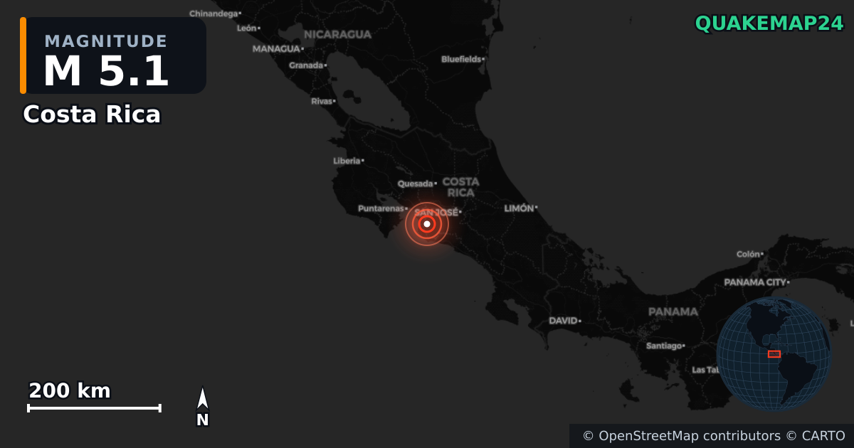 M5.1 earthquake near Costa Rica on May 13, 2026 — map of epicenter and shaking intensity | QuakeMap24
