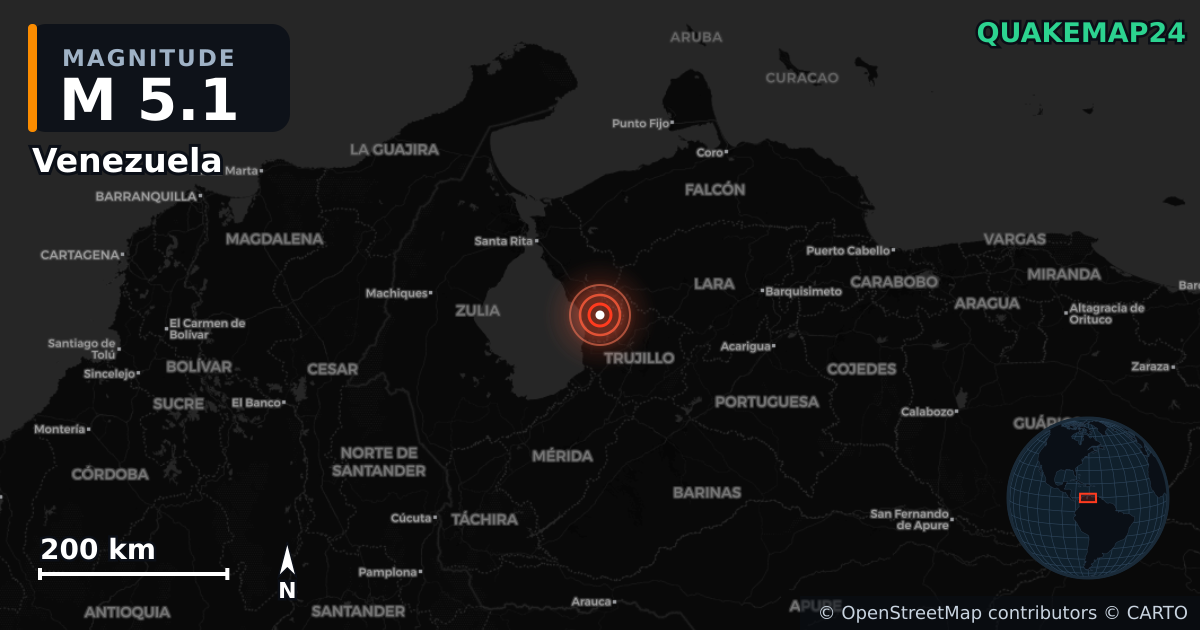 M5.1 earthquake near Venezuela on Sep 25, 2025 — map of epicenter and shaking intensity | QuakeMap24